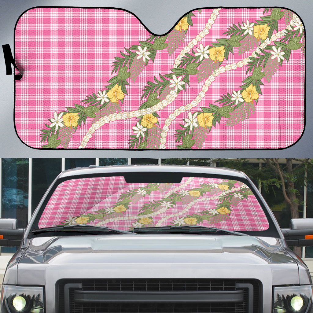 Aloha Puakenikeni Anthurium Pikake Lei Auto Sun Shade Tropical Pink Hawaiian Palaka Pattern