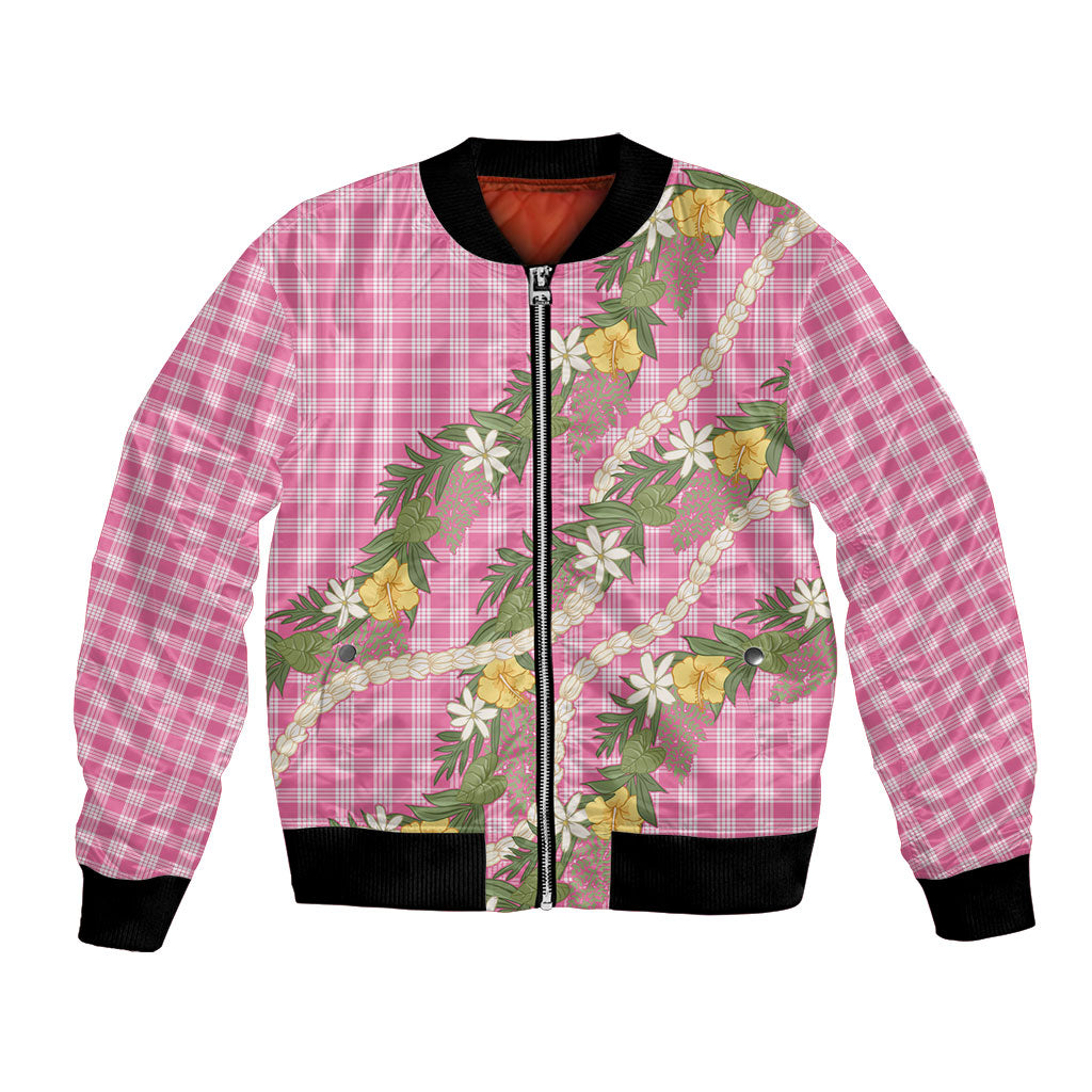 Aloha Puakenikeni Anthurium Pikake Lei Bomber Jacket Tropical Pink Hawaiian Palaka Pattern