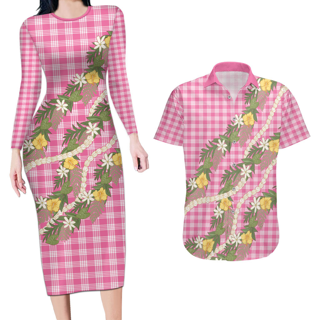 Aloha Puakenikeni Anthurium Pikake Lei Couples Matching Long Sleeve Bodycon Dress and Hawaiian Shirt Tropical Pink Hawaiian Palaka Pattern LT9 Pink - Polynesian Pride
