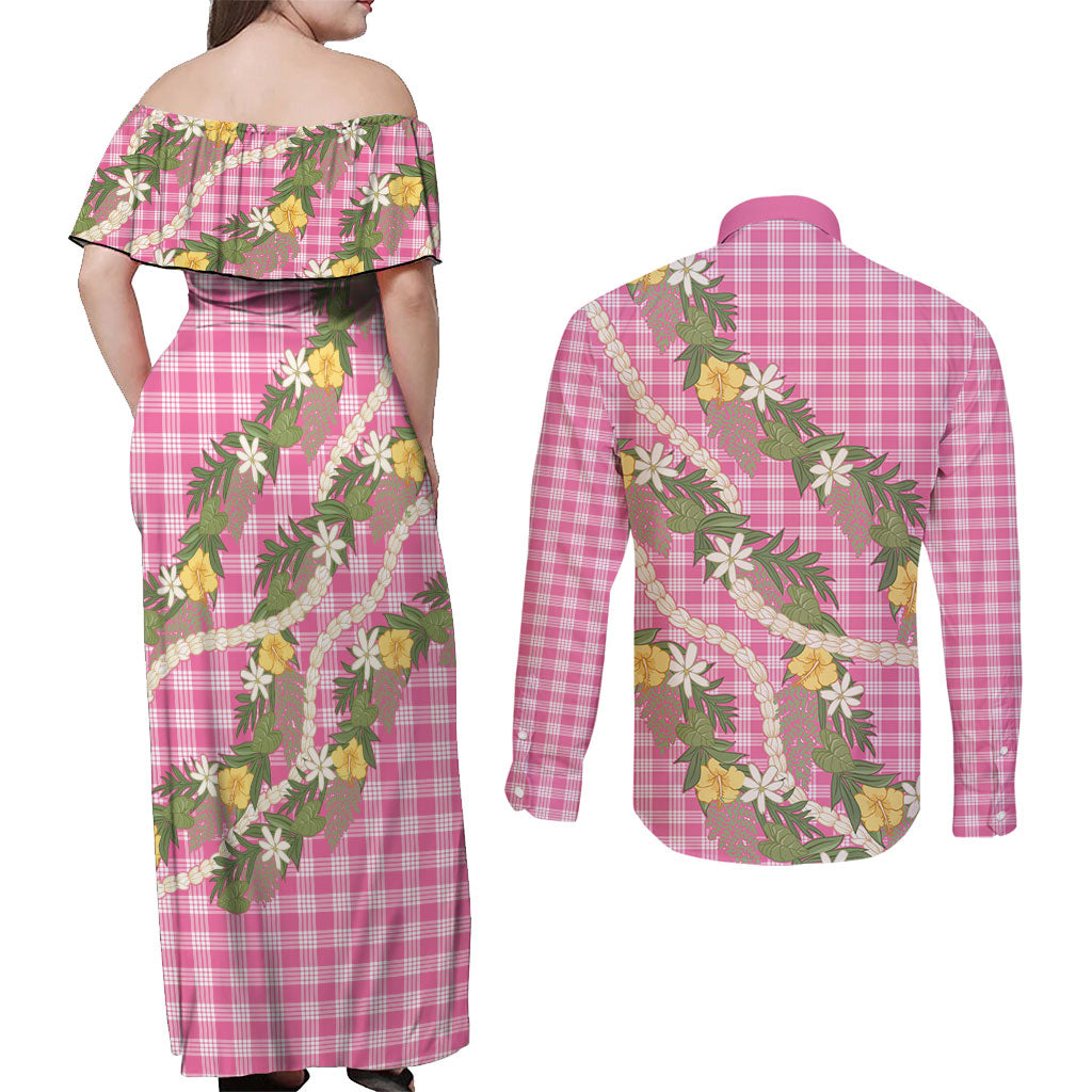 Aloha Puakenikeni Anthurium Pikake Lei Couples Matching Off Shoulder Maxi Dress and Long Sleeve Button Shirt Tropical Pink Hawaiian Palaka Pattern