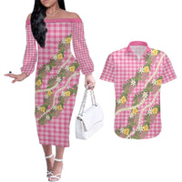 Aloha Puakenikeni Anthurium Pikake Lei Couples Matching Off The Shoulder Long Sleeve Dress and Hawaiian Shirt Tropical Pink Hawaiian Palaka Pattern LT9 Pink - Polynesian Pride
