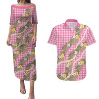Aloha Puakenikeni Anthurium Pikake Lei Couples Matching Puletasi and Hawaiian Shirt Tropical Pink Hawaiian Palaka Pattern