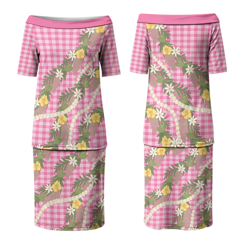 Aloha Puakenikeni Anthurium Pikake Lei Couples Matching Puletasi and Hawaiian Shirt Tropical Pink Hawaiian Palaka Pattern LT9 - Polynesian Pride