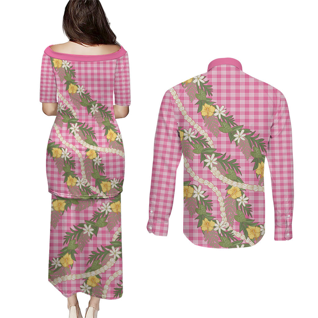 Aloha Puakenikeni Anthurium Pikake Lei Couples Matching Puletasi and Long Sleeve Button Shirt Tropical Pink Hawaiian Palaka Pattern