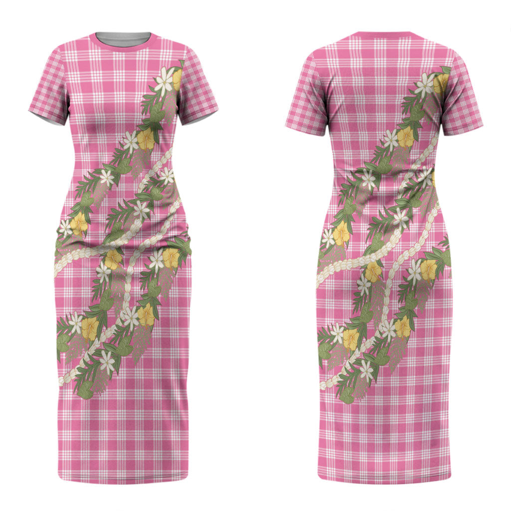 Aloha Puakenikeni Anthurium Pikake Lei Couples Matching Short Sleeve Bodycon Dress and Hawaiian Shirt Tropical Pink Hawaiian Palaka Pattern LT9 - Polynesian Pride