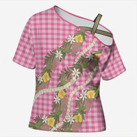 Aloha Puakenikeni Anthurium Pikake Lei Cross Shoulder Shirt Tropical Pink Hawaiian Palaka Pattern