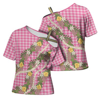 Aloha Puakenikeni Anthurium Pikake Lei Cross Shoulder Shirt Tropical Pink Hawaiian Palaka Pattern