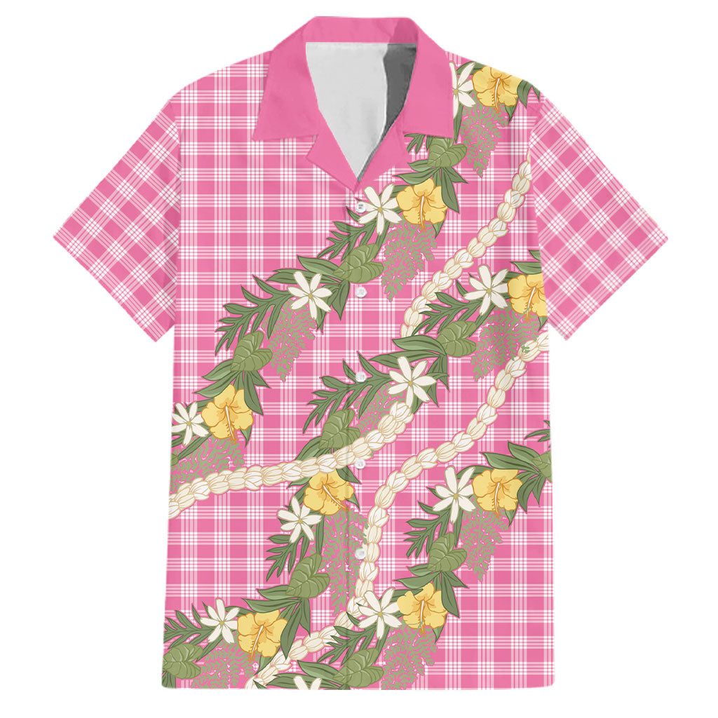 Aloha Puakenikeni Anthurium Pikake Lei Family Matching Mermaid Dress and Hawaiian Shirt Tropical Pink Hawaiian Palaka Pattern LT9 Dad's Shirt - Short Sleeve Pink - Polynesian Pride