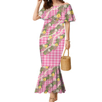 Aloha Puakenikeni Anthurium Pikake Lei Family Matching Mermaid Dress and Hawaiian Shirt Tropical Pink Hawaiian Palaka Pattern LT9 Mom's Dress Pink - Polynesian Pride