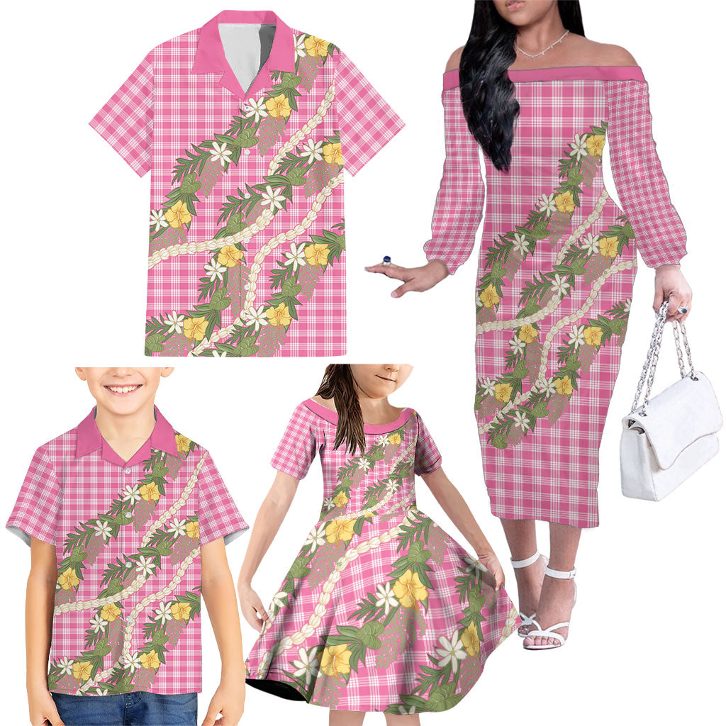Aloha Puakenikeni Anthurium Pikake Lei Family Matching Off The Shoulder Long Sleeve Dress and Hawaiian Shirt Tropical Pink Hawaiian Palaka Pattern LT9 - Polynesian Pride