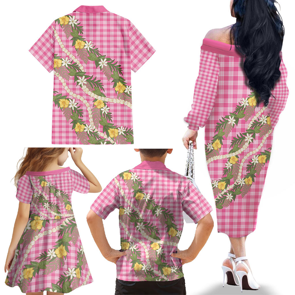 Aloha Puakenikeni Anthurium Pikake Lei Family Matching Off The Shoulder Long Sleeve Dress and Hawaiian Shirt Tropical Pink Hawaiian Palaka Pattern LT9 - Polynesian Pride