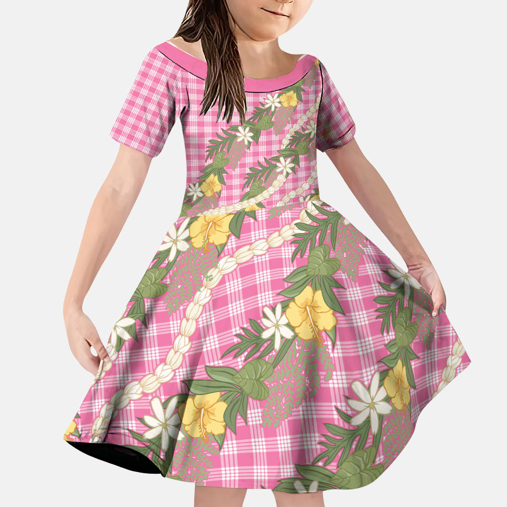 Aloha Puakenikeni Anthurium Pikake Lei Family Matching Off Shoulder Maxi Dress and Hawaiian Shirt Tropical Pink Hawaiian Palaka Pattern LT9 Daughter's Dress Pink - Polynesian Pride