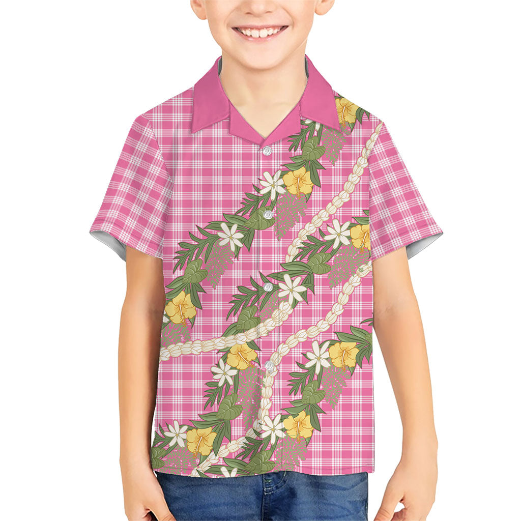 Aloha Puakenikeni Anthurium Pikake Lei Family Matching Off Shoulder Maxi Dress and Hawaiian Shirt Tropical Pink Hawaiian Palaka Pattern LT9 Son's Shirt Pink - Polynesian Pride