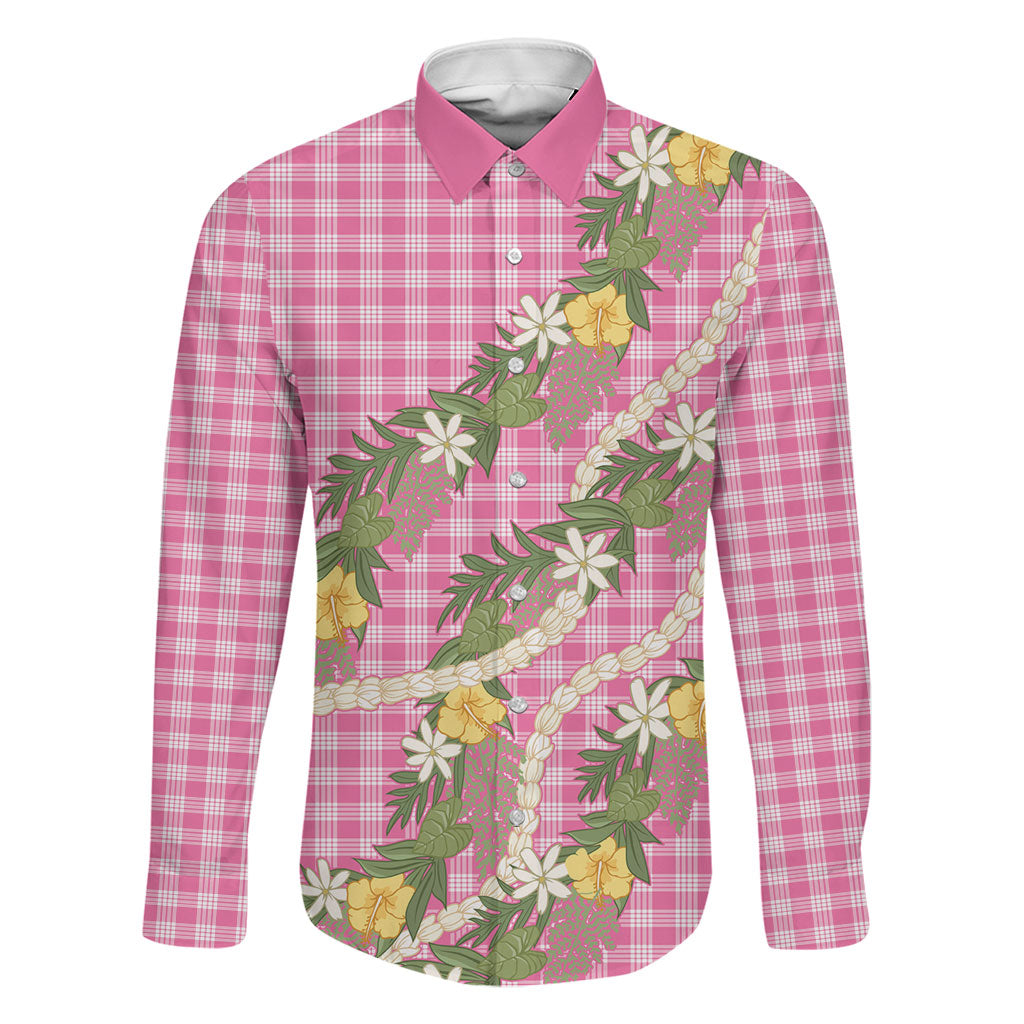 Aloha Puakenikeni Anthurium Pikake Lei Family Matching Puletasi and Hawaiian Shirt Tropical Pink Hawaiian Palaka Pattern LT9 Dad's Shirt - Long Sleeve Pink - Polynesian Pride