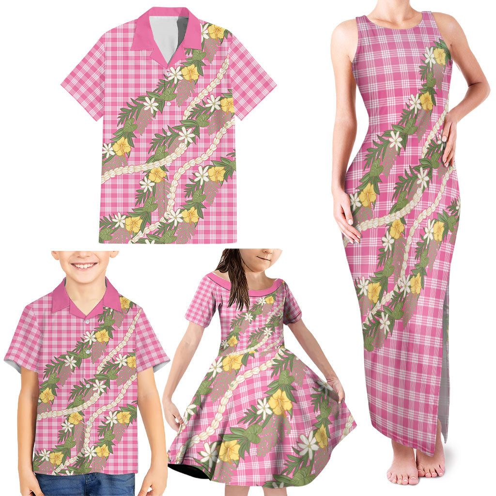 Aloha Puakenikeni Anthurium Pikake Lei Family Matching Tank Maxi Dress and Hawaiian Shirt Tropical Pink Hawaiian Palaka Pattern LT9 - Polynesian Pride