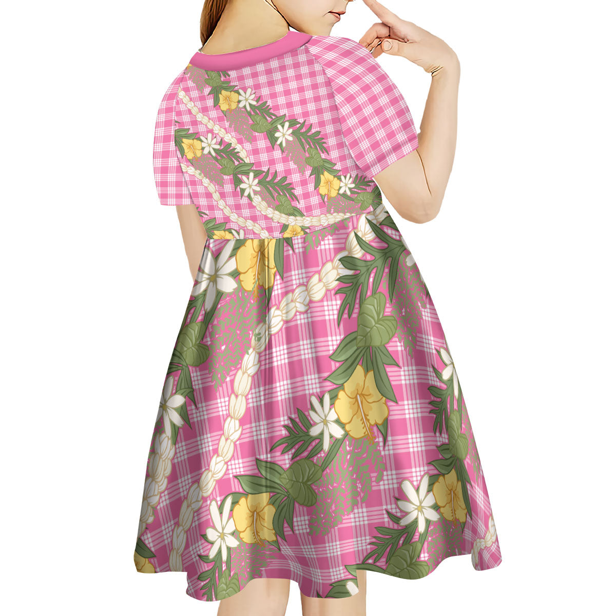 Aloha Puakenikeni Anthurium Pikake Lei Kid Short Sleeve Dress Tropical Pink Hawaiian Palaka Pattern