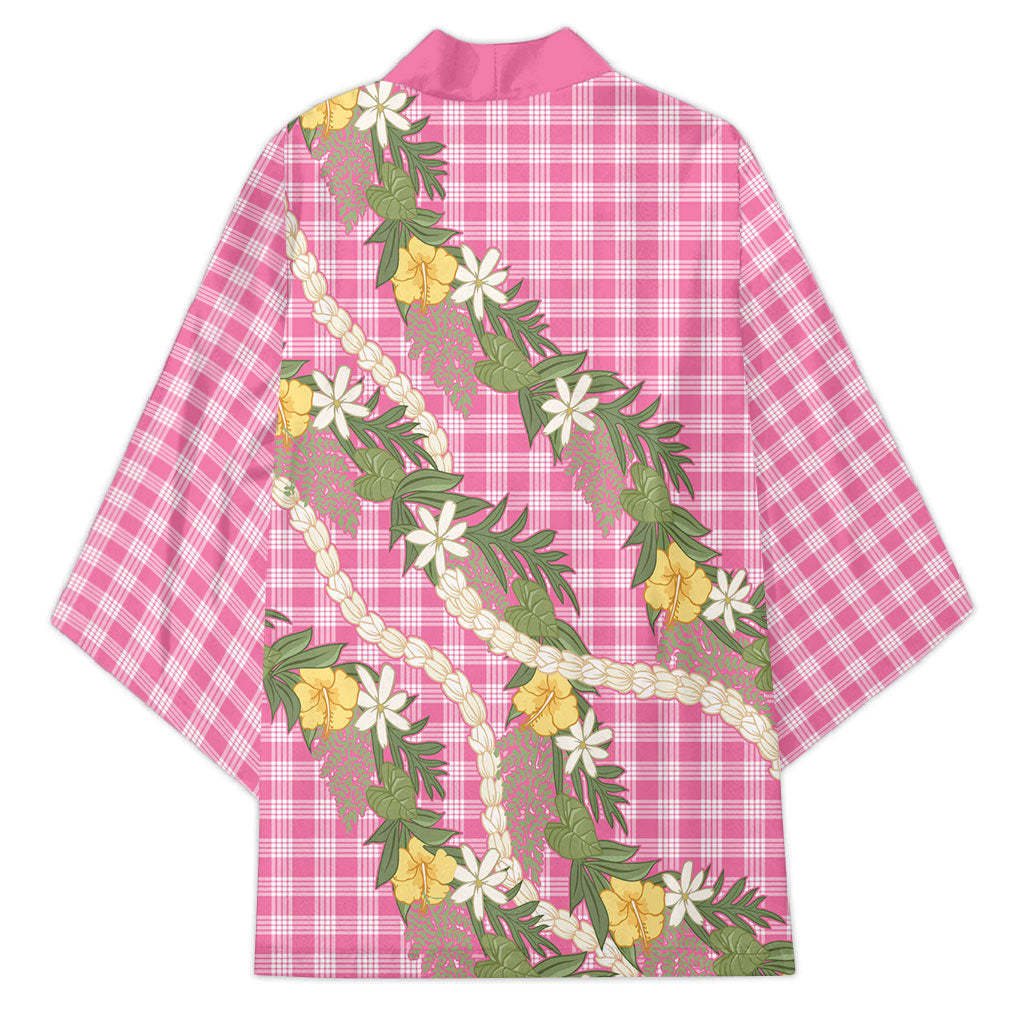 Aloha Puakenikeni Anthurium Pikake Lei Kimono Tropical Pink Hawaiian Palaka Pattern