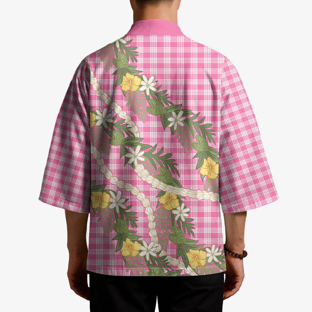 Aloha Puakenikeni Anthurium Pikake Lei Kimono Tropical Pink Hawaiian Palaka Pattern
