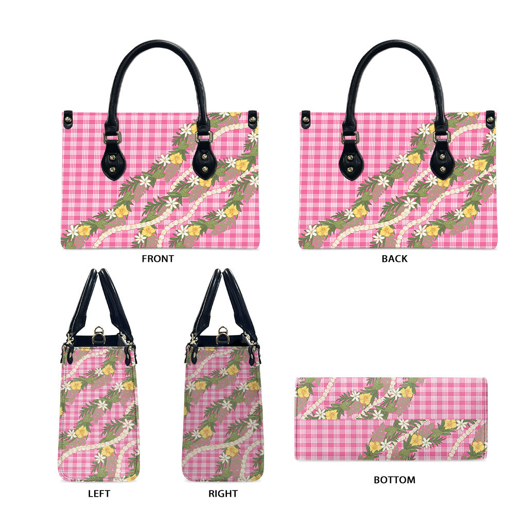 Aloha Puakenikeni Anthurium Pikake Lei Leather Bag Tropical Pink Hawaiian Palaka Pattern LT9 - Polynesian Pride