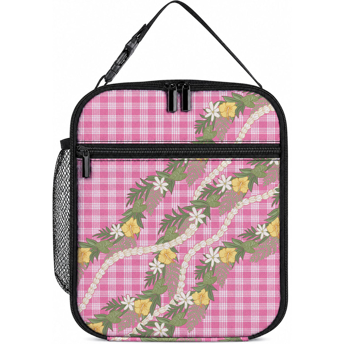 Aloha Puakenikeni Anthurium Pikake Lei Lunch Bag Tropical Pink Hawaiian Palaka Pattern LT9 10.2 × 8.3 × 4.3 inch Pink - Polynesian Pride