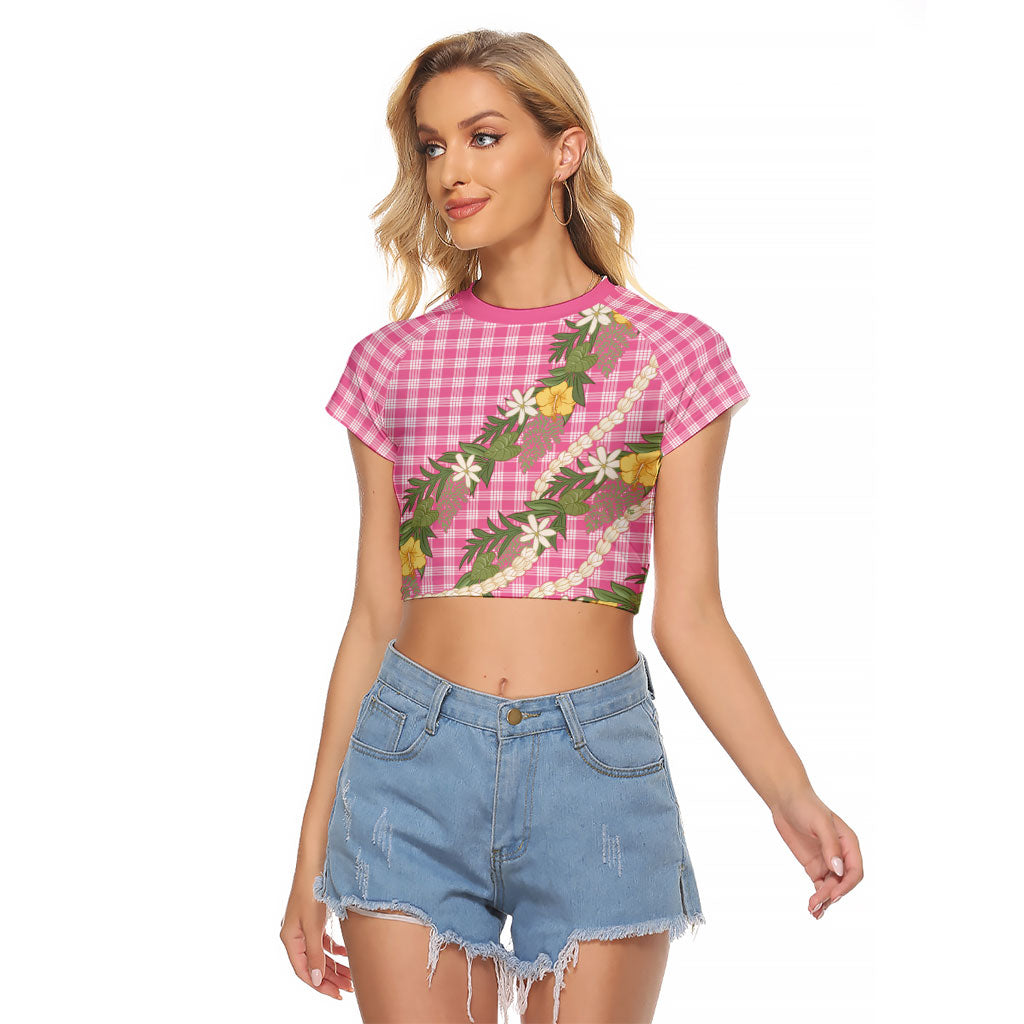 Aloha Puakenikeni Anthurium Pikake Lei Raglan Cropped T Shirt Tropical Pink Hawaiian Palaka Pattern