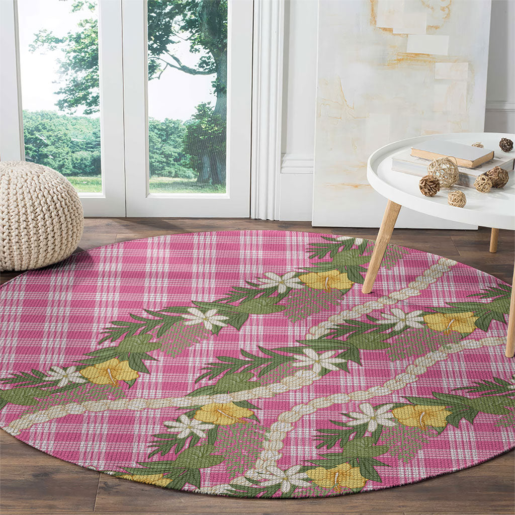 Aloha Puakenikeni Anthurium Pikake Lei Round Carpet Tropical Pink Hawaiian Palaka Pattern