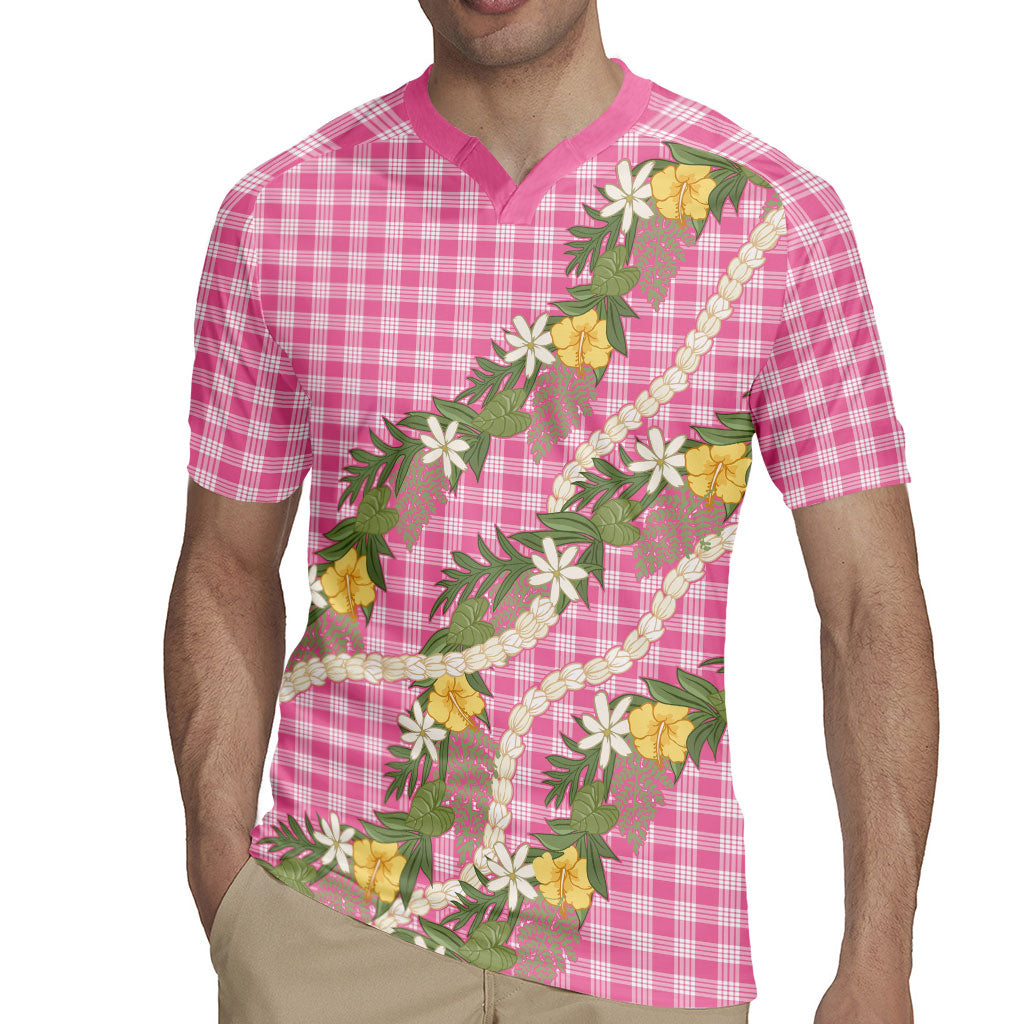 Aloha Puakenikeni Anthurium Pikake Lei Rugby Jersey Tropical Pink Hawaiian Palaka Pattern