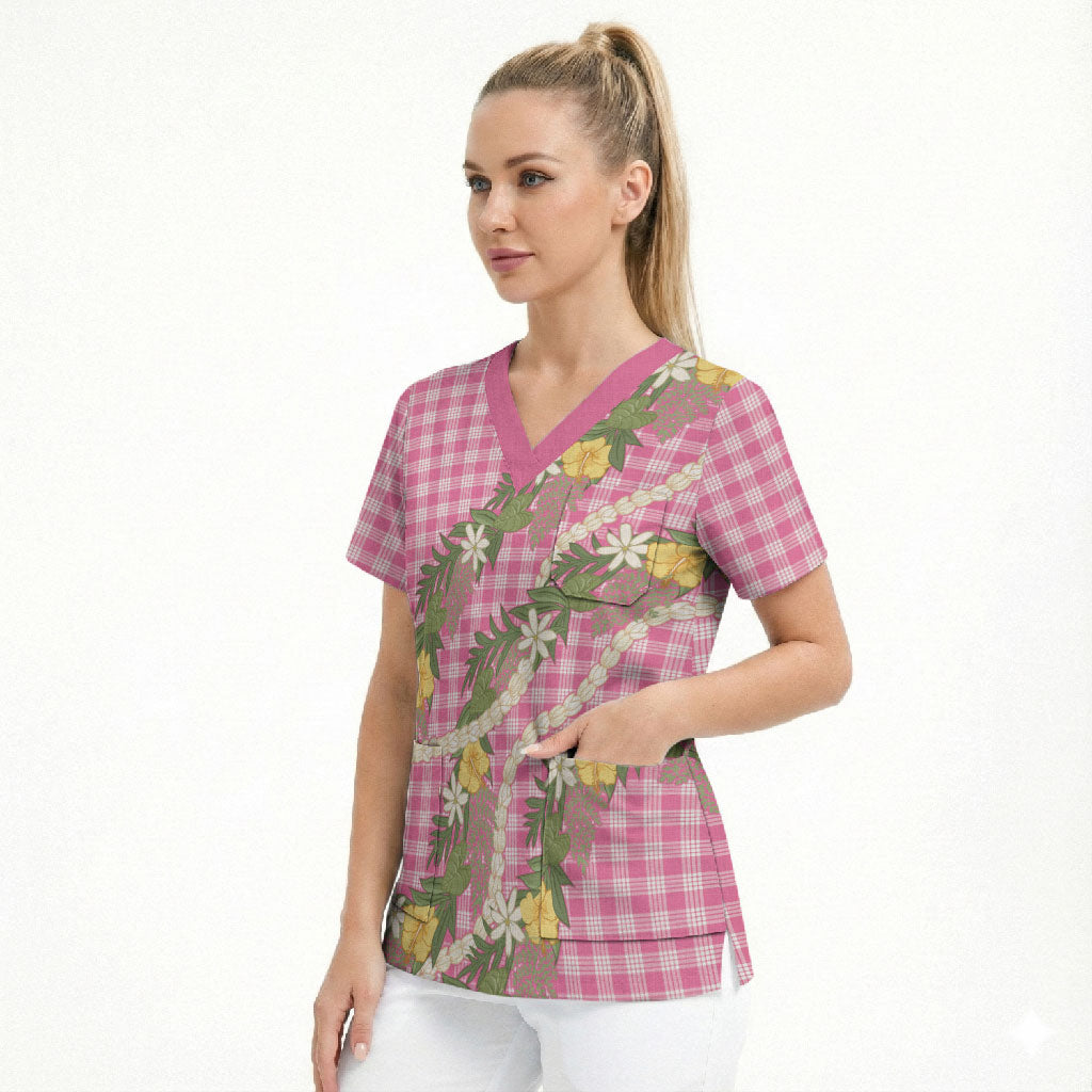 Aloha Puakenikeni Anthurium Pikake Lei Scrub Top Tropical Pink Hawaiian Palaka Pattern