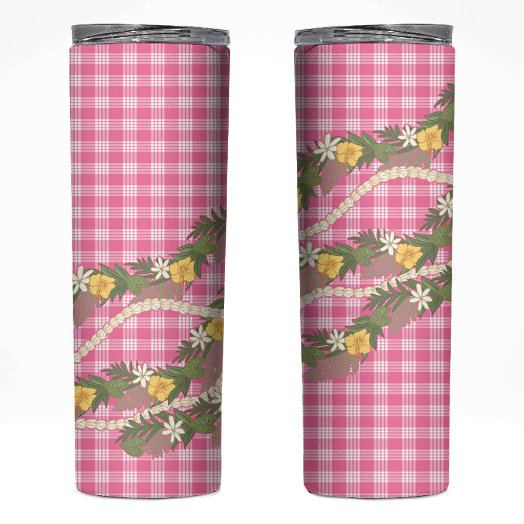 Aloha Puakenikeni Anthurium Pikake Lei Skinny Tumbler Tropical Pink Hawaiian Palaka Pattern