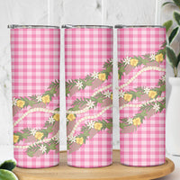 Aloha Puakenikeni Anthurium Pikake Lei Skinny Tumbler Tropical Pink Hawaiian Palaka Pattern