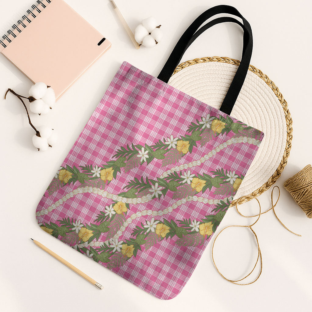Aloha Puakenikeni Anthurium Pikake Lei Tote Bag Tropical Pink Hawaiian Palaka Pattern