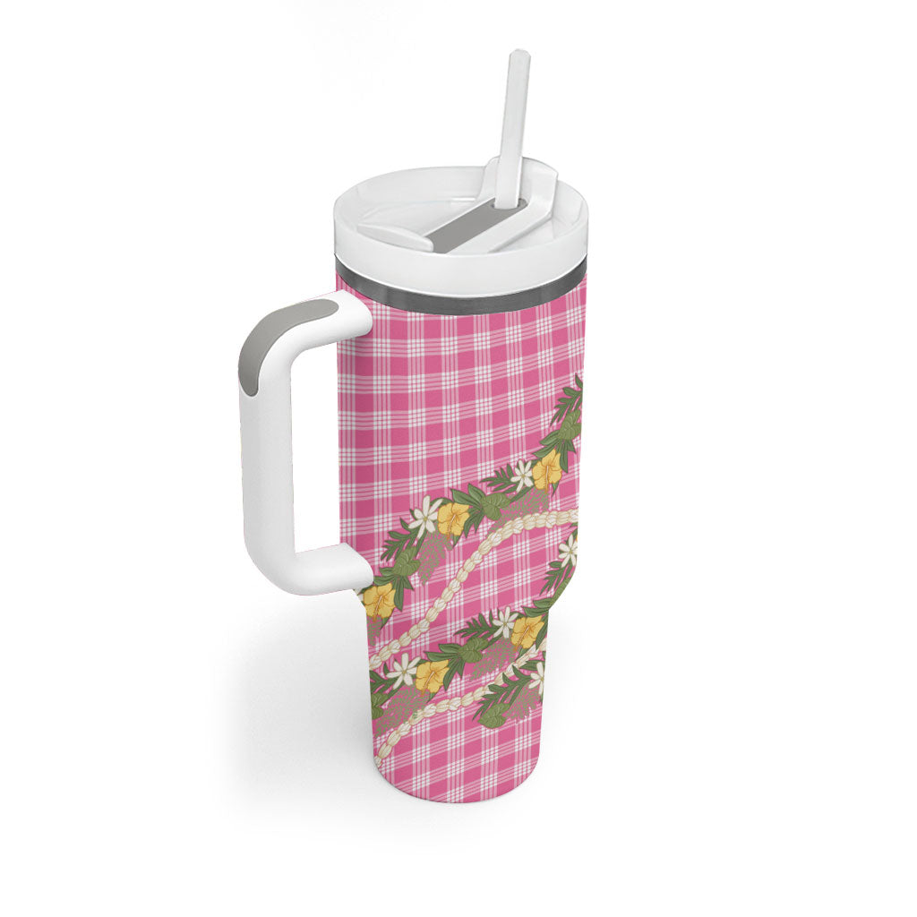 Aloha Puakenikeni Anthurium Pikake Lei Tumbler With Handle Tropical Pink Hawaiian Palaka Pattern LT9 - Polynesian Pride