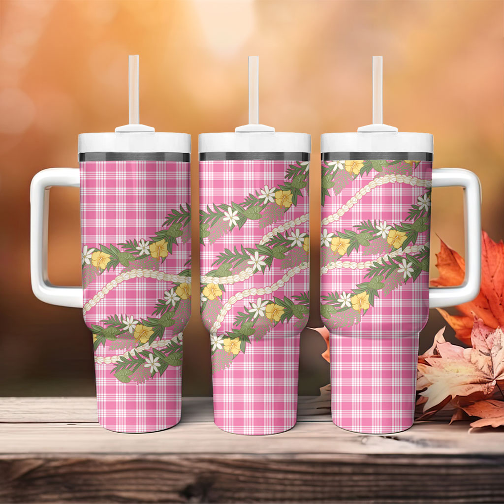 Aloha Puakenikeni Anthurium Pikake Lei Tumbler With Handle Tropical Pink Hawaiian Palaka Pattern LT9 - Polynesian Pride