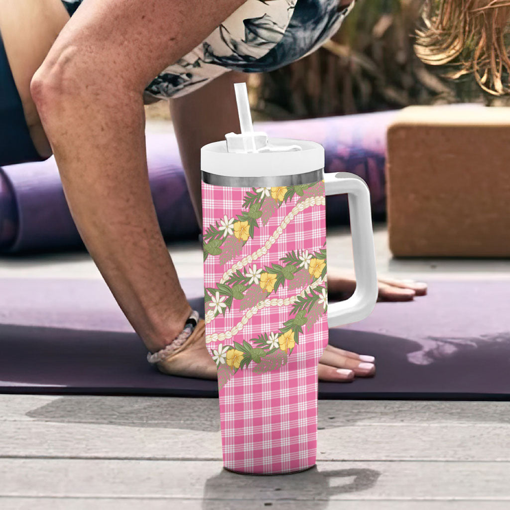 Aloha Puakenikeni Anthurium Pikake Lei Tumbler With Handle Tropical Pink Hawaiian Palaka Pattern LT9 - Polynesian Pride