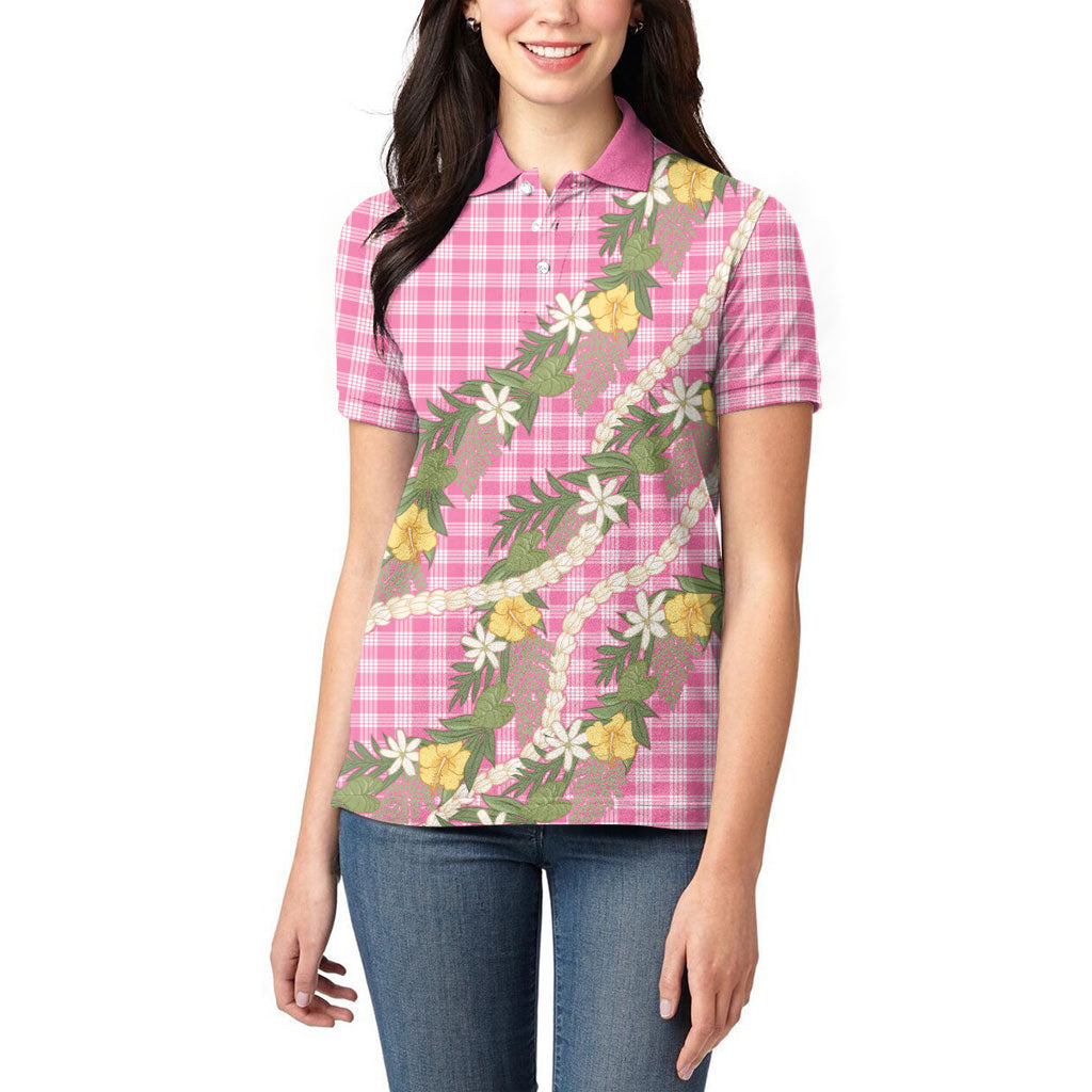 Aloha Puakenikeni Anthurium Pikake Lei Women Polo Shirt Tropical Pink Hawaiian Palaka Pattern