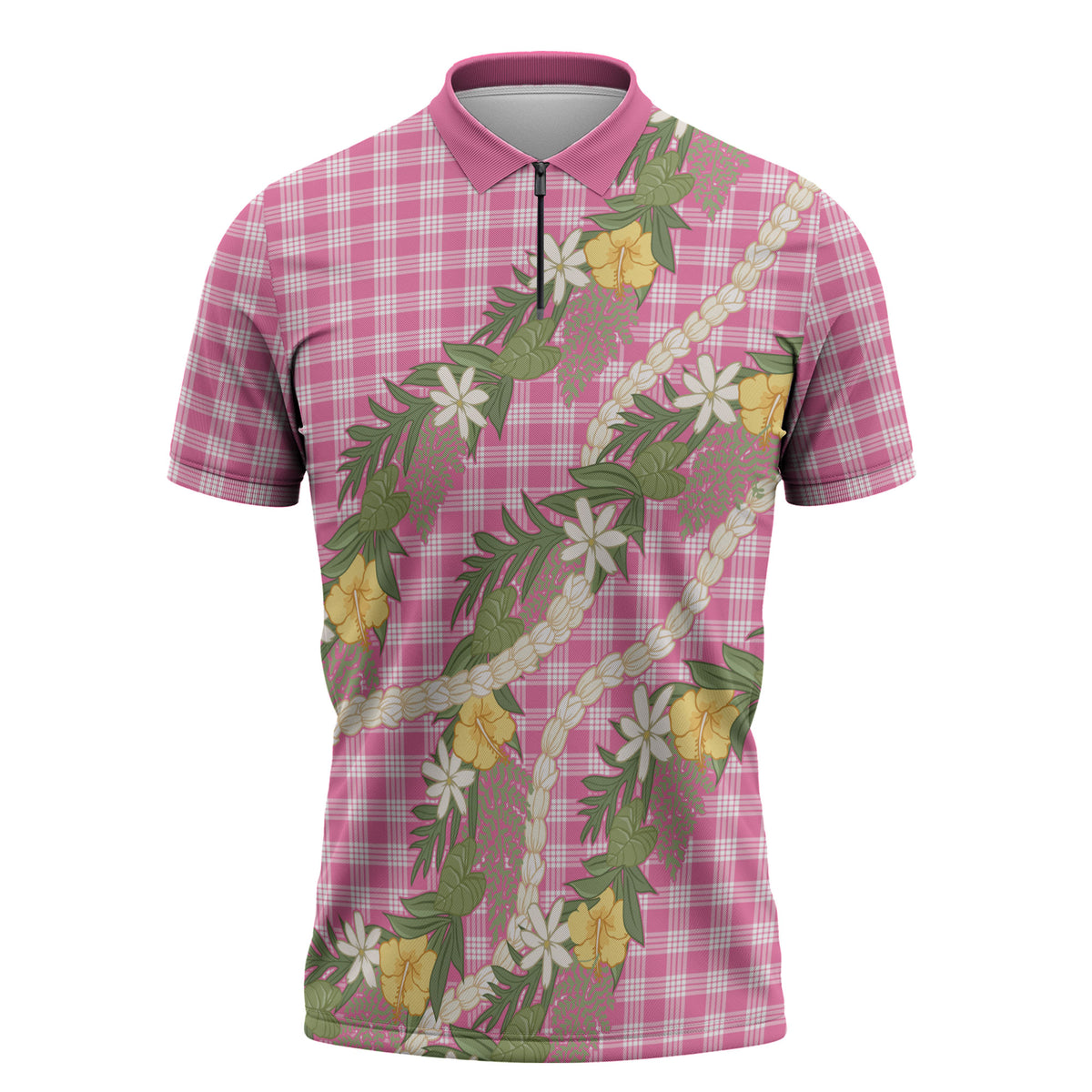 Aloha Puakenikeni Anthurium Pikake Lei Zipper Polo Shirt Tropical Pink Hawaiian Palaka Pattern LT9 Pink - Polynesian Pride