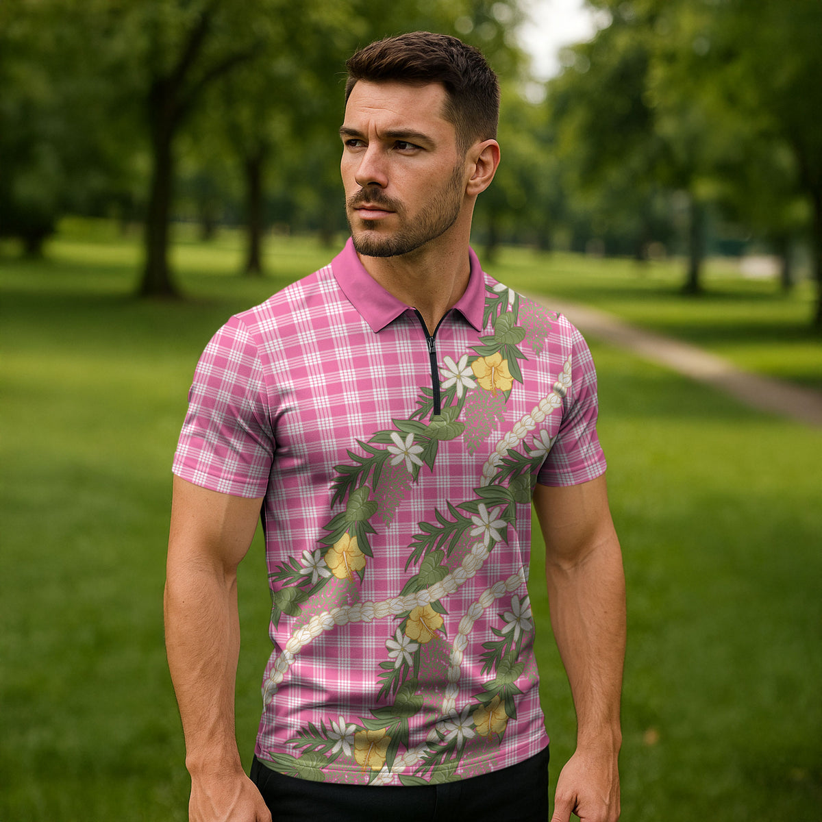 Aloha Puakenikeni Anthurium Pikake Lei Zipper Polo Shirt Tropical Pink Hawaiian Palaka Pattern LT9 - Polynesian Pride