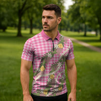 Aloha Puakenikeni Anthurium Pikake Lei Zipper Polo Shirt Tropical Pink Hawaiian Palaka Pattern LT9 - Polynesian Pride
