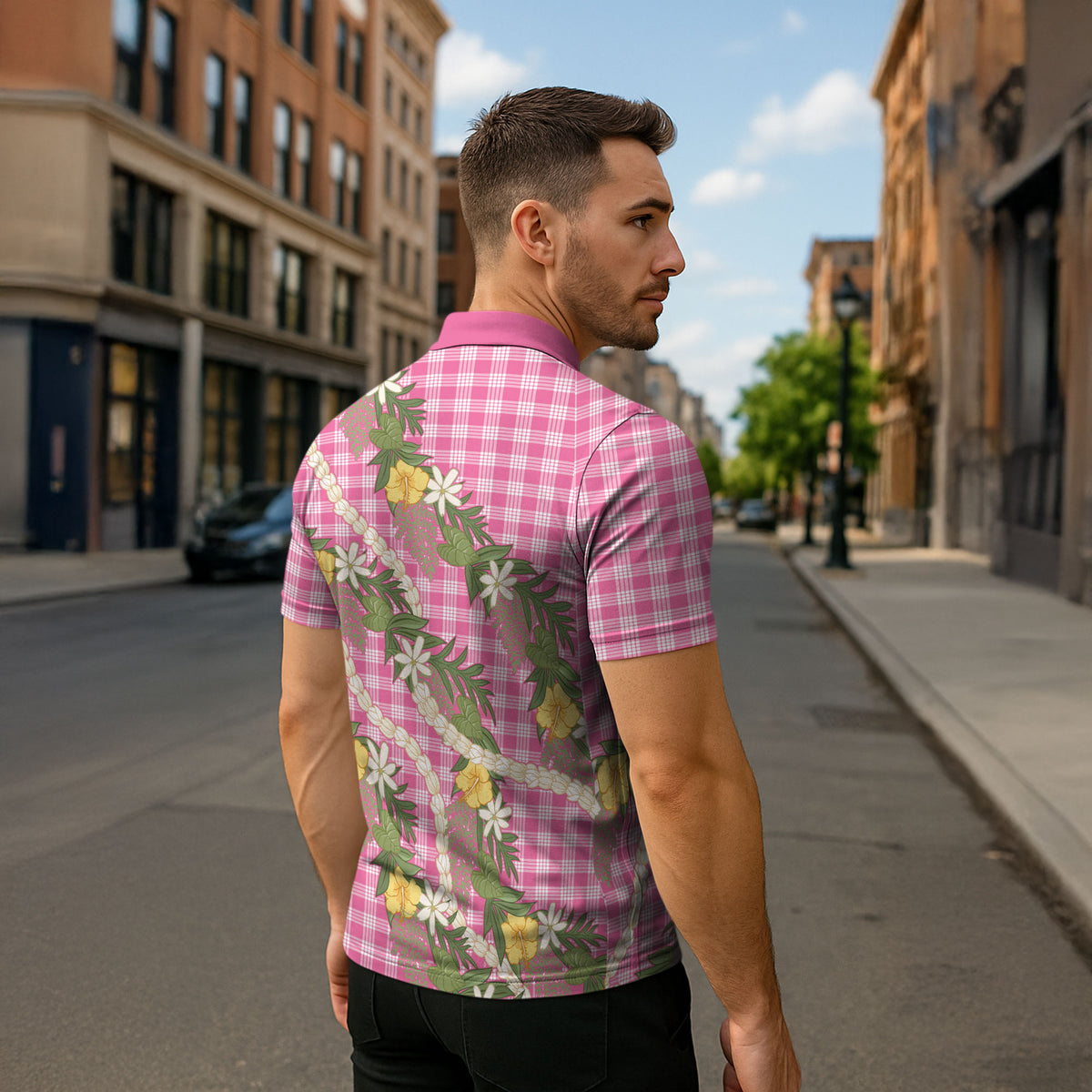 Aloha Puakenikeni Anthurium Pikake Lei Zipper Polo Shirt Tropical Pink Hawaiian Palaka Pattern LT9 - Polynesian Pride