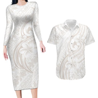 Hawaii Plumeria Lokelani Pikake Lei Couples Matching Long Sleeve Bodycon Dress and Hawaiian Shirt Sandy Beige Polynesian Tattoo LT9 Beige - Polynesian Pride