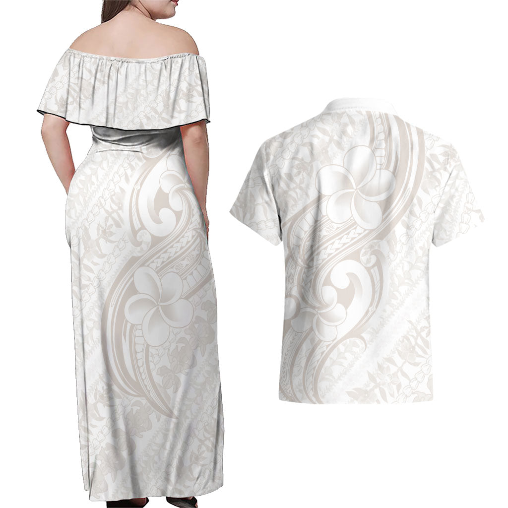 Hawaii Plumeria Lokelani Pikake Lei Couples Matching Off Shoulder Maxi Dress and Hawaiian Shirt Sandy Beige Polynesian Tattoo LT9 - Polynesian Pride