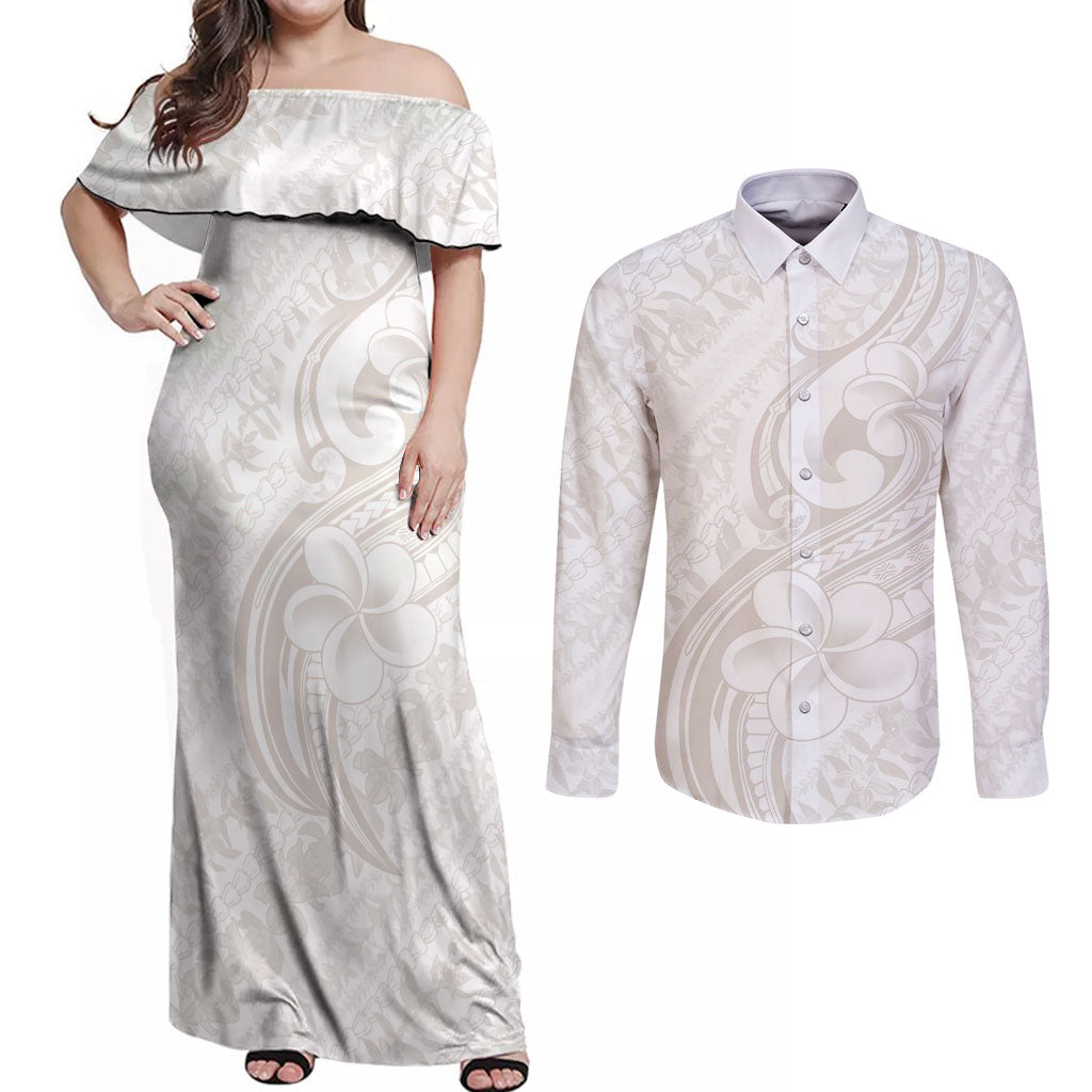 Hawaii Plumeria Lokelani Pikake Lei Couples Matching Off Shoulder Maxi Dress and Long Sleeve Button Shirt Sandy Beige Polynesian Tattoo