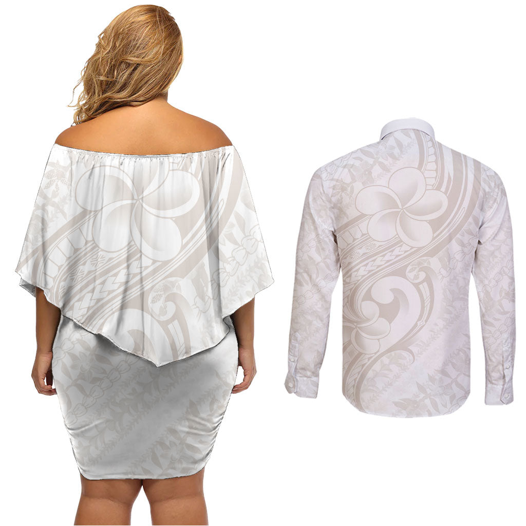 Hawaii Plumeria Lokelani Pikake Lei Couples Matching Off Shoulder Short Dress and Long Sleeve Button Shirt Sandy Beige Polynesian Tattoo