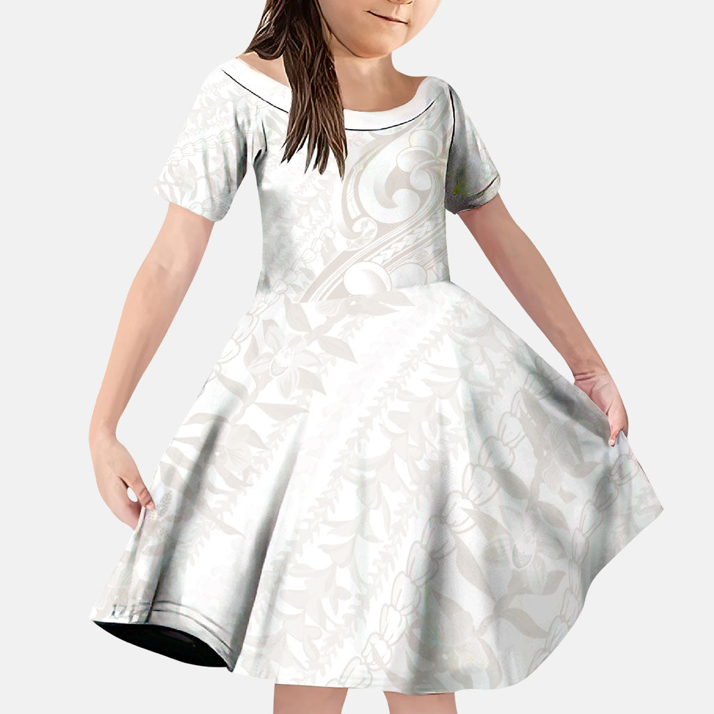 Hawaii Plumeria Lokelani Pikake Lei Family Matching Off Shoulder Short Dress and Hawaiian Shirt Sandy Beige Polynesian Tattoo LT9 Daughter's Dress Beige - Polynesian Pride