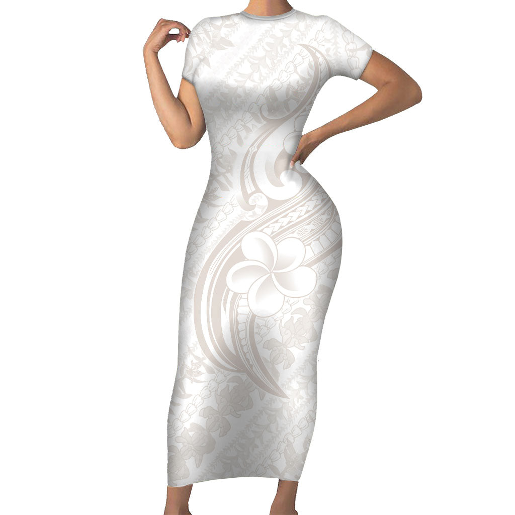 Hawaii Plumeria Lokelani Pikake Lei Family Matching Short Sleeve Bodycon Dress and Hawaiian Shirt Sandy Beige Polynesian Tattoo LT9 Mom's Dress Beige - Polynesian Pride