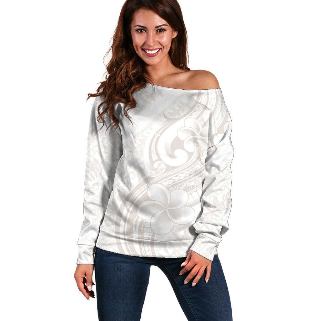 Hawaii Plumeria Lokelani Pikake Lei Off Shoulder Sweater Sandy Beige Polynesian Tattoo