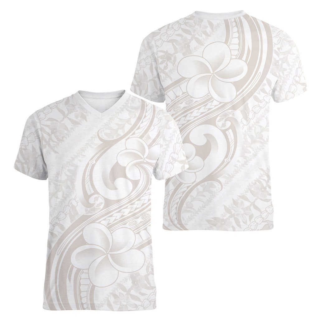 Hawaii Plumeria Lokelani Pikake Lei Women V-Neck T-Shirt Sandy Beige Polynesian Tattoo