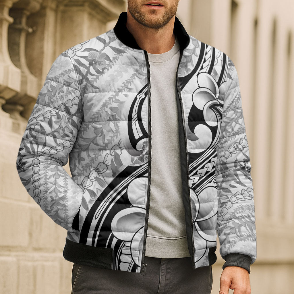 Hawaii Plumeria Lokelani Pikake Lei Bomber Puffer Jacket Ele'ele Polynesian Tattoo