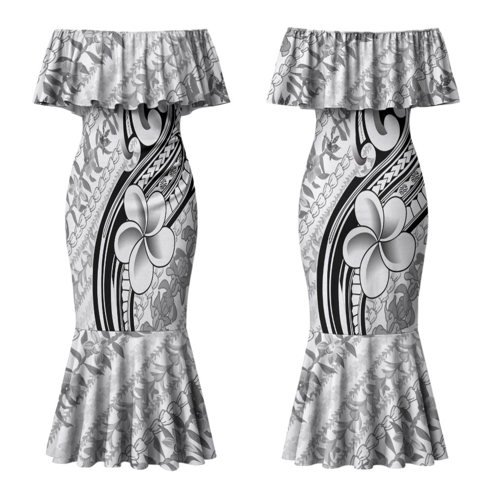 Hawaii Plumeria Lokelani Pikake Lei Couples Matching Mermaid Dress and Hawaiian Shirt Ele'ele Polynesian Tattoo LT9 - Polynesian Pride