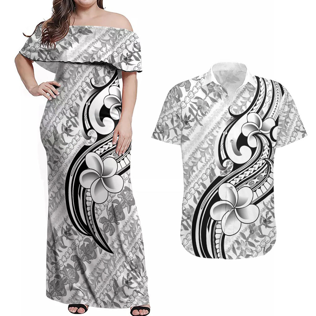 Hawaii Plumeria Lokelani Pikake Lei Couples Matching Off Shoulder Maxi Dress and Hawaiian Shirt Ele'ele Polynesian Tattoo